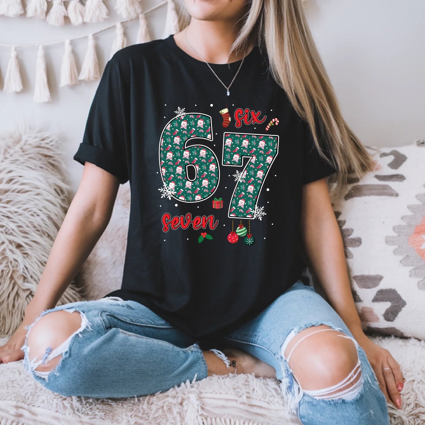 Christmas 67 Sweatshirt/T-shirt – Festive “Six Seven” Santa Pattern Holiday Pullover Hoodie | InkThreadWorks.com (Image 1)