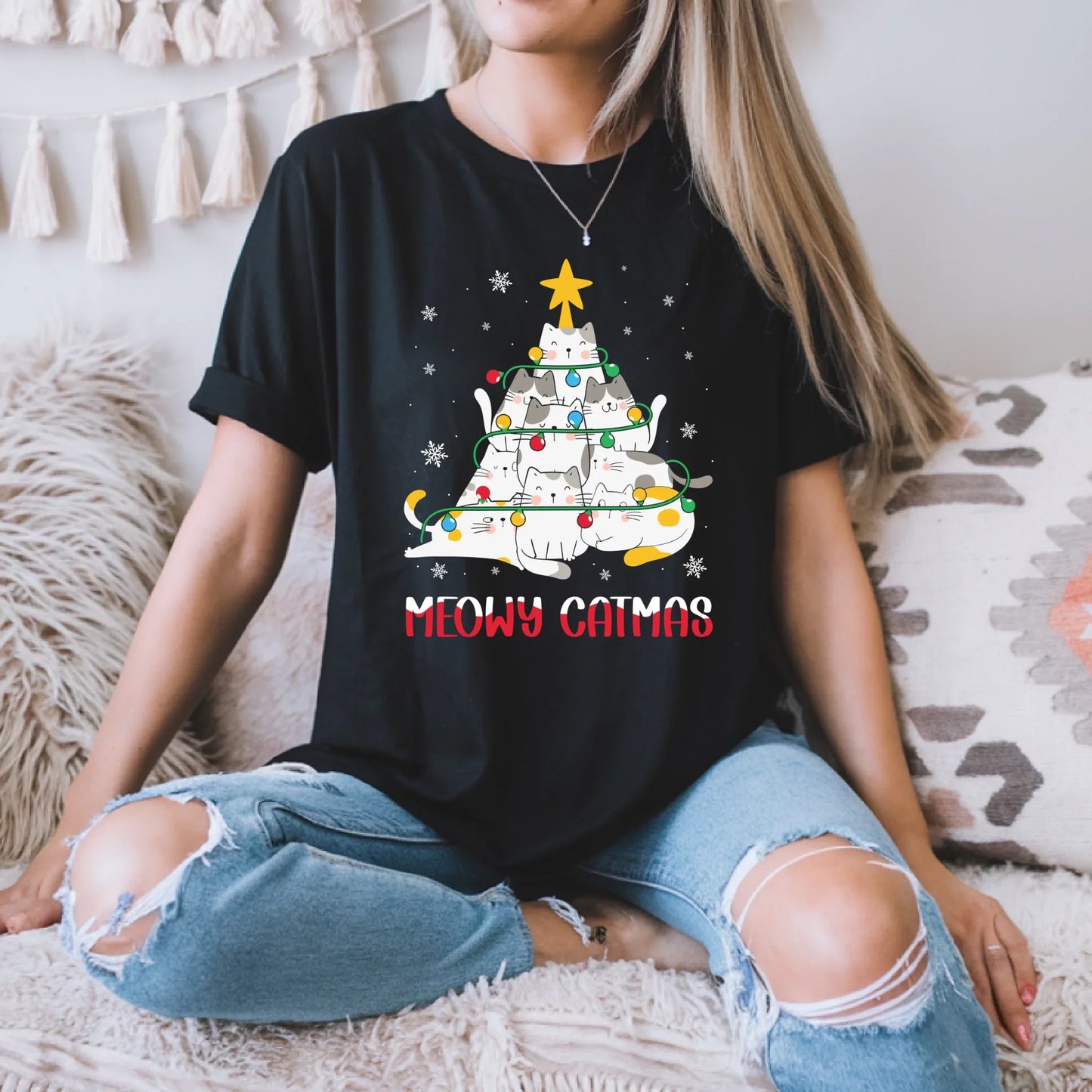 Meowy Catmas Christmas Sweatshirt – Cute Cat Tree Holiday Pullover for Cat Lovers T-Shirts, Hoodie (Image 1)