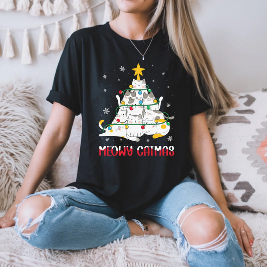 Meowy Catmas Christmas Sweatshirt – Cute Cat Tree Holiday Pullover for Cat Lovers T-Shirts, Hoodie (Image 1)