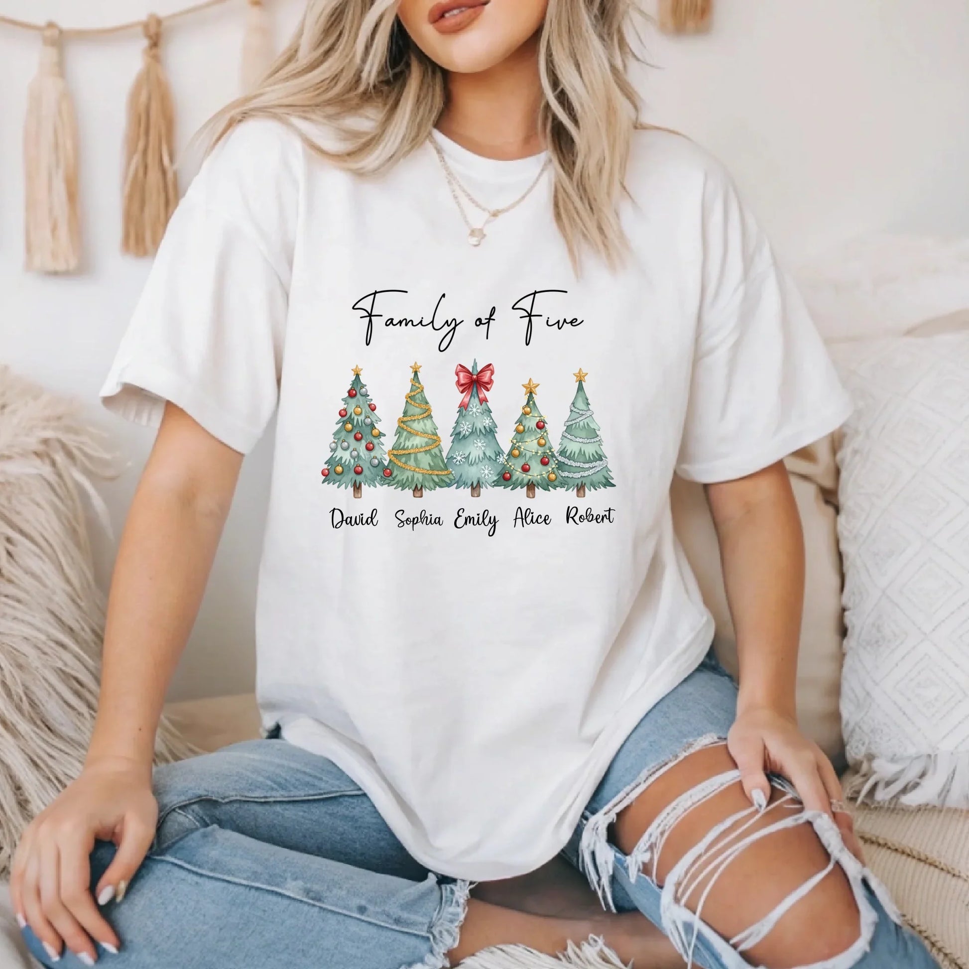 Personalized Family Christmas Sweatshirt – Custom Christmas Trees & Family Names, “Family of Five” Holiday... (Image 1)