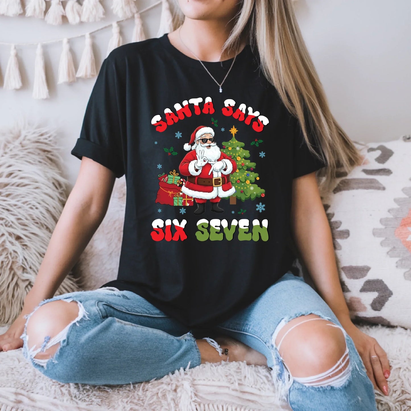 “Santa Says Six Seven” T-Shirt & Sweater – Funny Christmas Santa Outfit Hoodie, Sweatshirt | InkThreadWorks.com (Image 1)