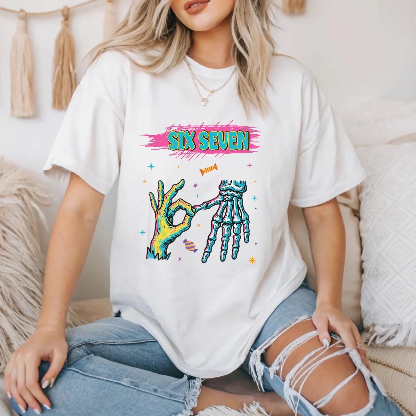 “SIX SEVEN” Streetwear Graphic T-Shirt & Sweater – Cool Halloween Candy Hand Design Hoodie, Sweatshirt (Image 1)