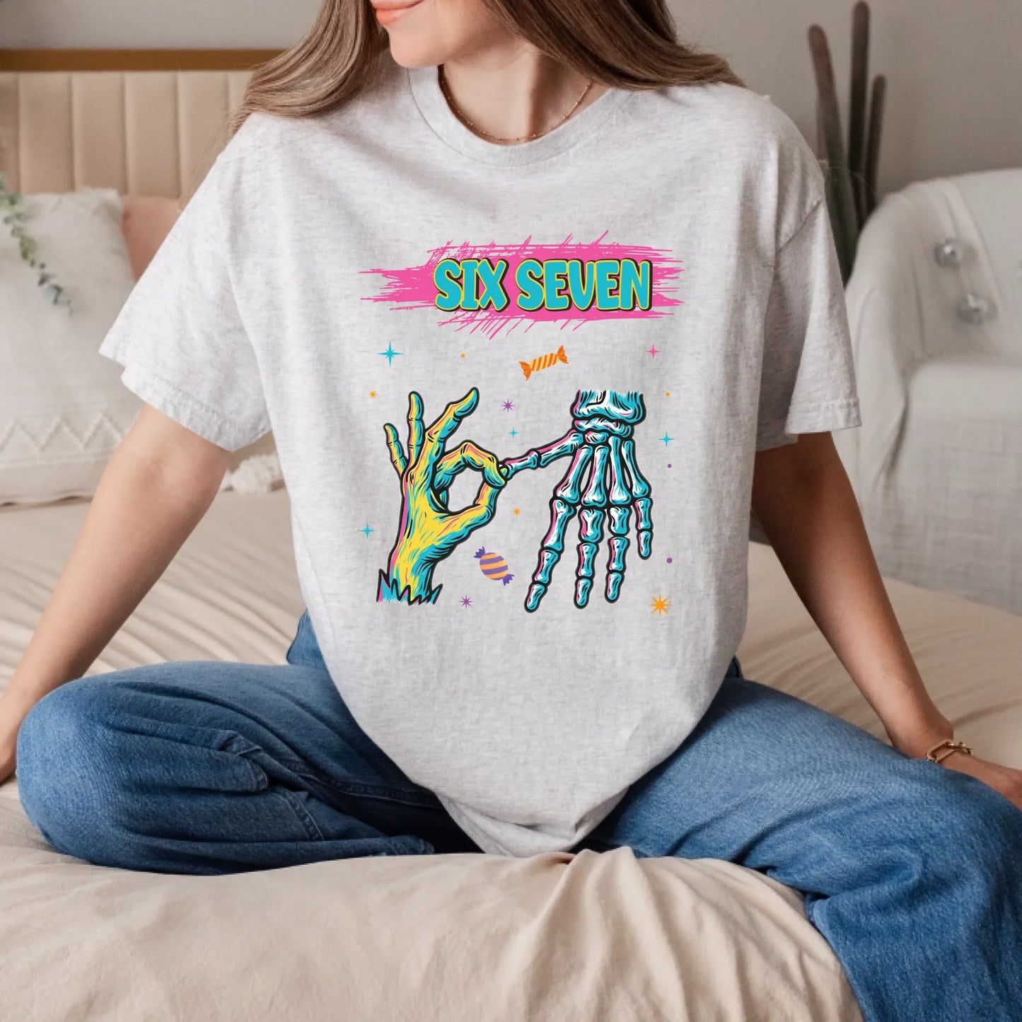 “SIX SEVEN” Streetwear Graphic T-Shirt & Sweater – Cool Halloween Candy Hand Design Hoodie, Sweatshirt (Image 3)