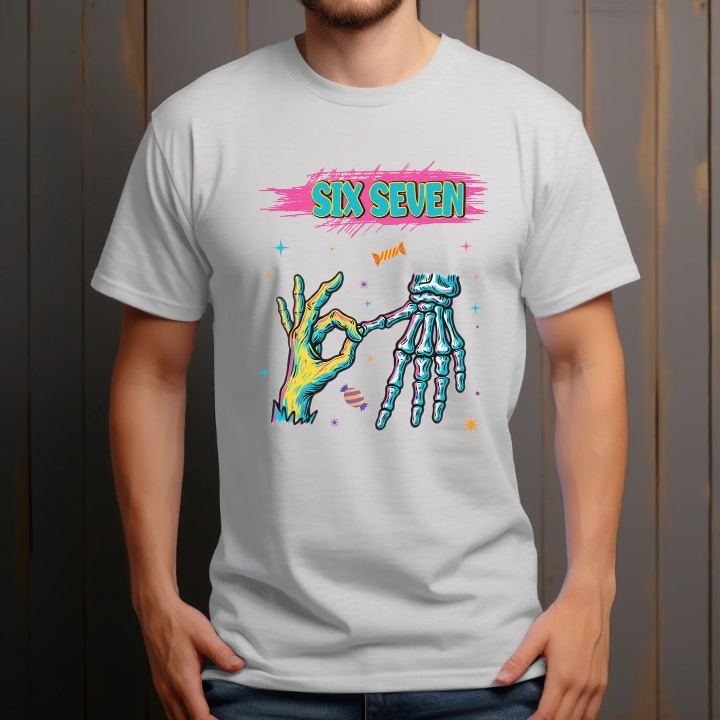 “SIX SEVEN” Streetwear Graphic T-Shirt & Sweater – Cool Halloween Candy Hand Design Hoodie, Sweatshirt (Image 4)