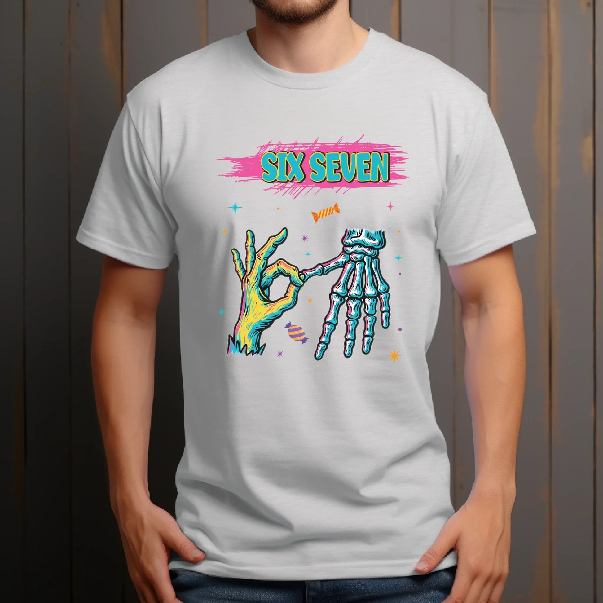 “SIX SEVEN” Streetwear Graphic T-Shirt & Sweater – Cool Halloween Candy Hand Design Hoodie, Sweatshirt (Image 4)