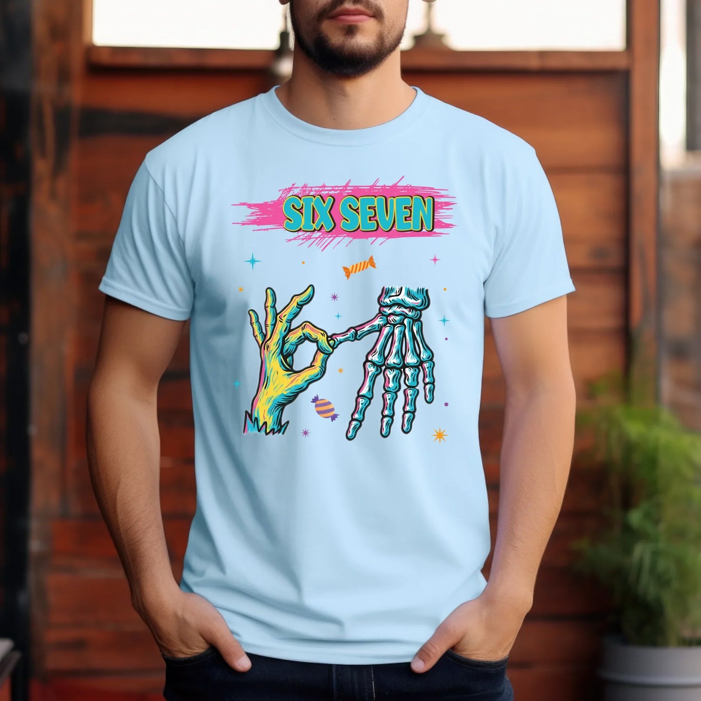 “SIX SEVEN” Streetwear Graphic T-Shirt & Sweater – Cool Halloween Candy Hand Design Hoodie, Sweatshirt (Image 5)