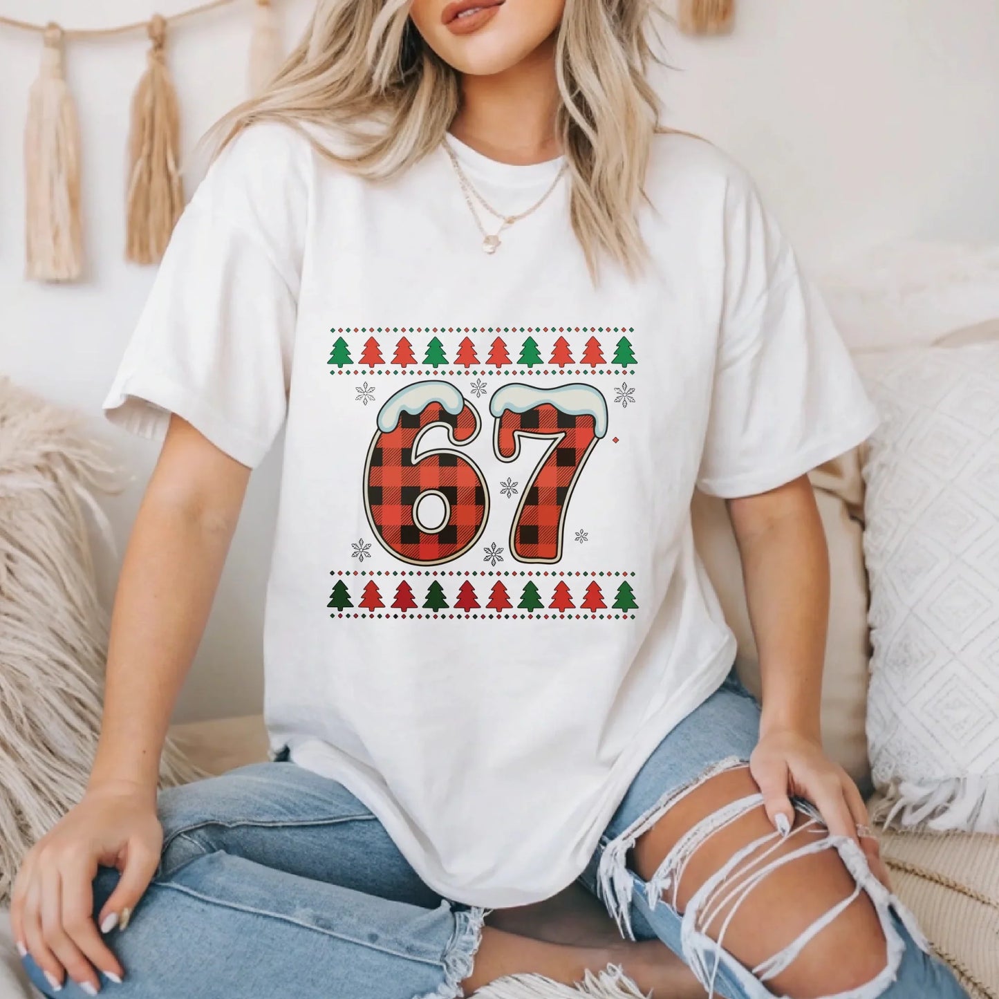 “67” Christmas Edition T-Shirt & Sweater – Buffalo Plaid Holiday Outfit Hoodie, Sweatshirt | InkThreadWorks.com (Image 1)