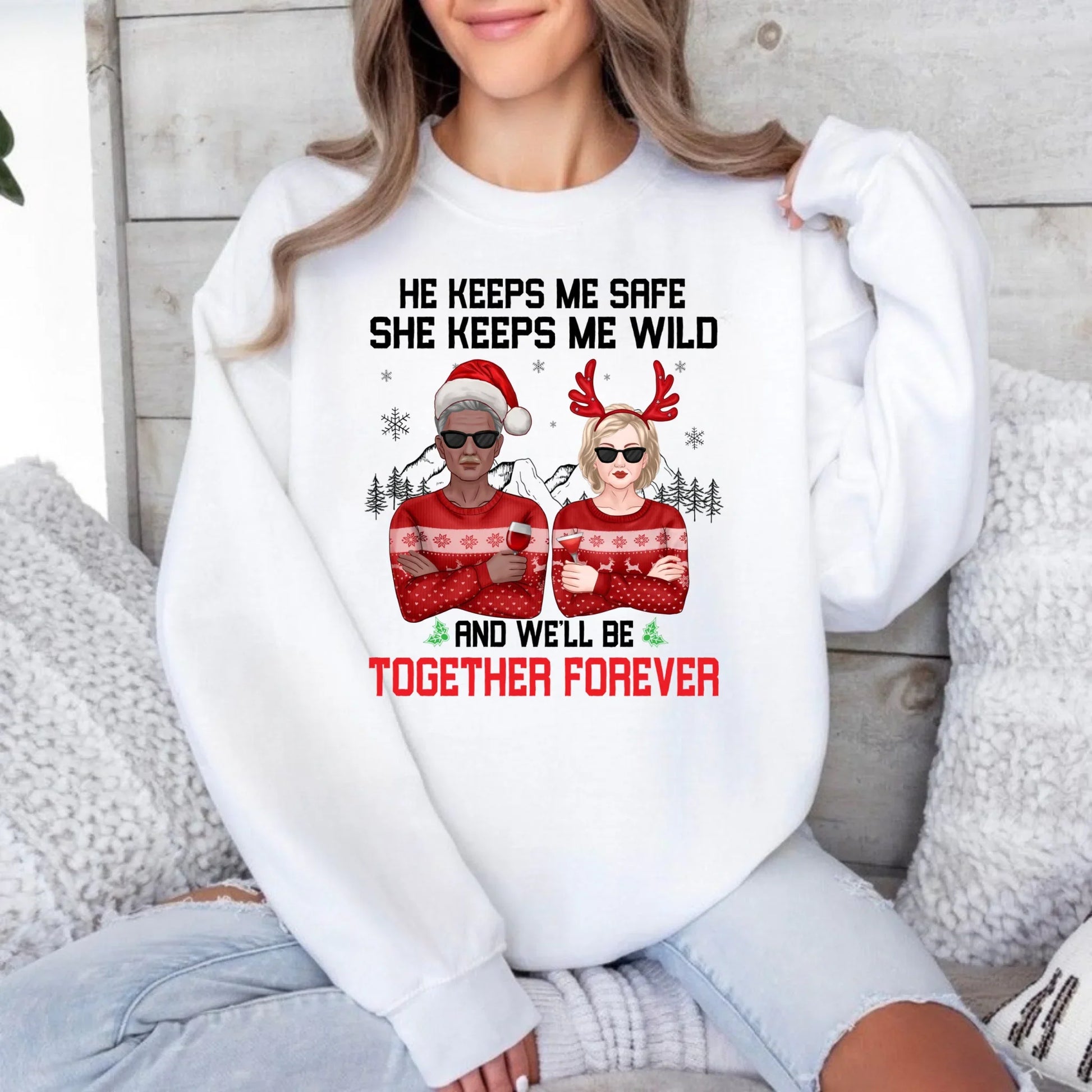 Personalized Couple Sweatshirt – “He Keeps Me Safe, She Keeps Me Wild” Custom Characters & Outfits T-Shirts, Hoodie (Image 5)