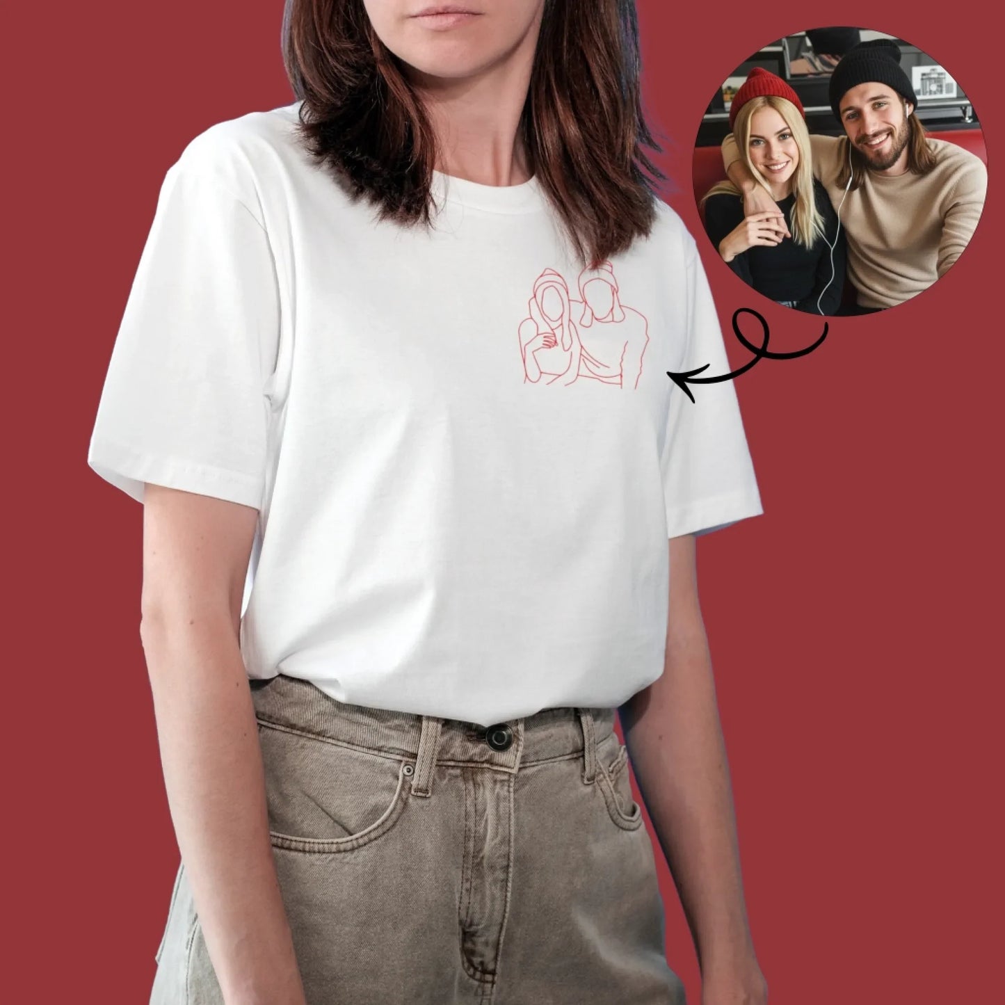 Custom portrait Embroidered photo Tshirt, outline photo sweatshirt, custom portrait. Sweats, Couple... (Image 2)