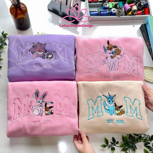 Custom PokaMom Embroidered Sweatshirt with Anime Characters, Mother's Day Gift, Birthday Gift for Mom