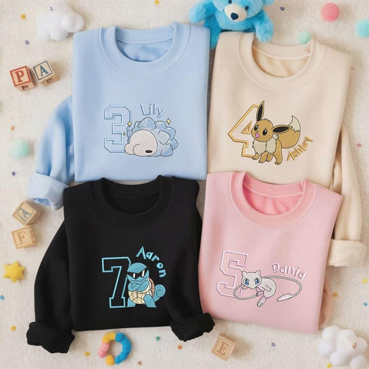 Personalized Poke Birthday Embroidered Sweatshirt, Family Matching Shirt, Custom Name and Age, Birthday Gift for PKM Fans