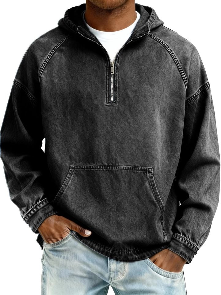 Men's Faux Denim Half-Zip Hoodie with Vintage Wash, Plus Size Casual Sweatshirt