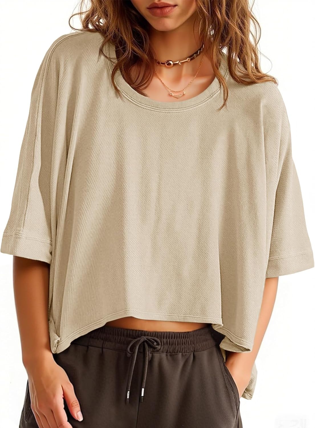 Womens Oversized T-Shirts Cropped Summer Casual Short Sleeve Loose Fit Tee Tops
