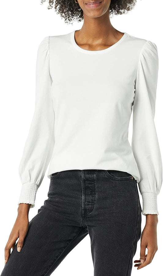 Women's Long-Sleeve Crewneck Smocked Cuff T-Shirt