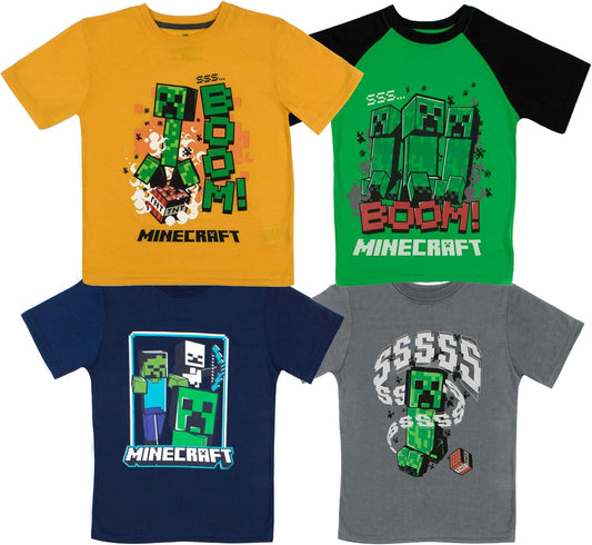 Boy's Short Sleeve T-Shirt 4-Packs - Creeper, Ender Dragon, Skeleton, Zombie Graphic Tee Sets for Kids