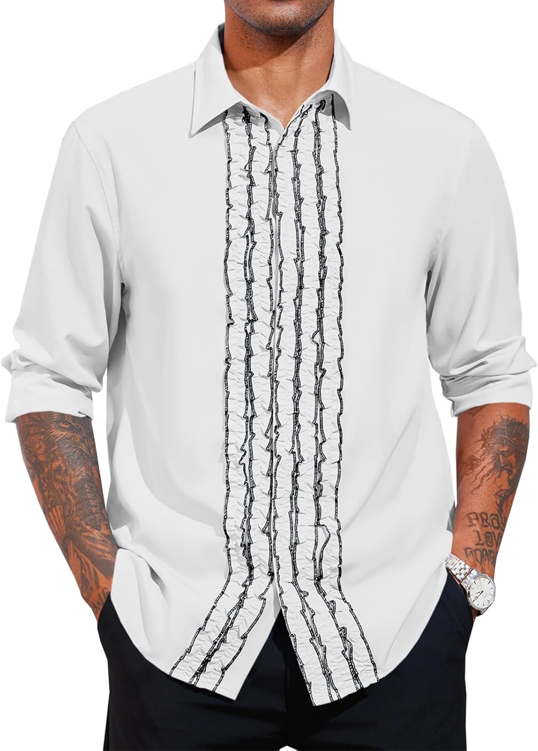 Mens Ruffle Tuxedo Shirt 80s Medieval Retro Costume Tops Long Sleeve Party Dinner Dress Shirts