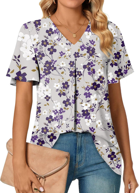 Women's Summer Dressy Chiffon Blouses V Neck Ruffle Short Sleeve Tunic Tops for Leggings Casual T-Shirts