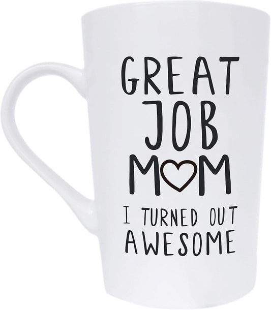 MAUAG Mothers Day Gifts Funny Inspirational Coffee Mug for Mom Christmas GIfts, Great Job Mom Turned Out Awesome Cute Present from Daughter or Son Fun Cup White, 15 Oz