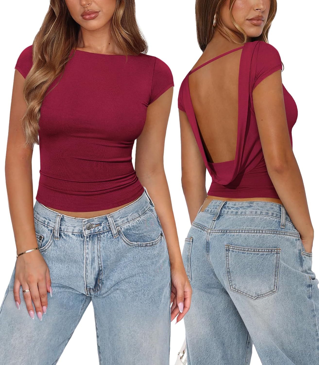 Womens Open Back Tops for Women Trendy Backless Shirt Short Sleeve Slim Fit Going Out Top Y2k Basic Clothes