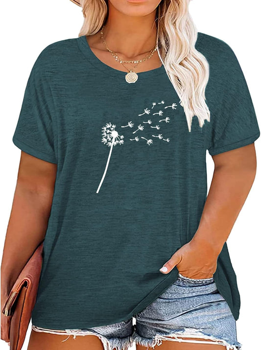 Plus Size Tops for Women Cute Graphic Tees Loose Fit Flower Printing Short Sleeve Crew Neck T Shirts