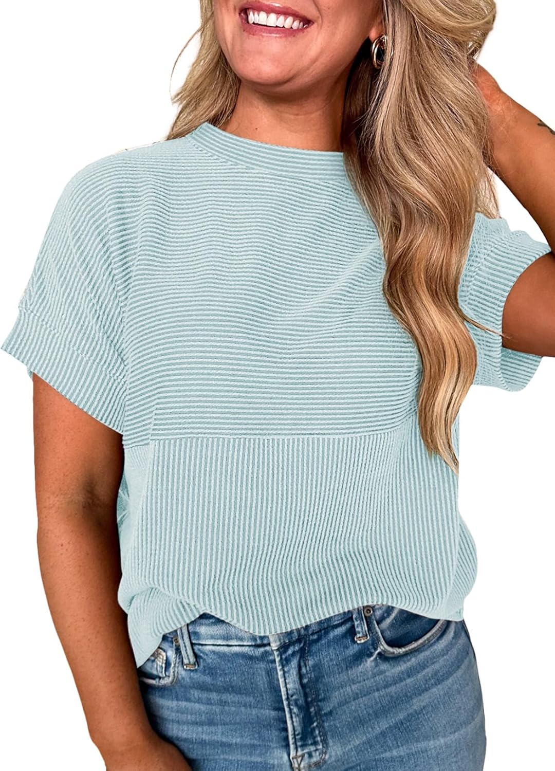 Short Sleeve Shirts for Women Casual Spring Summer Tops Ribbed Knit Striped Womens Tops Crewneck Loose Fit T Shirts