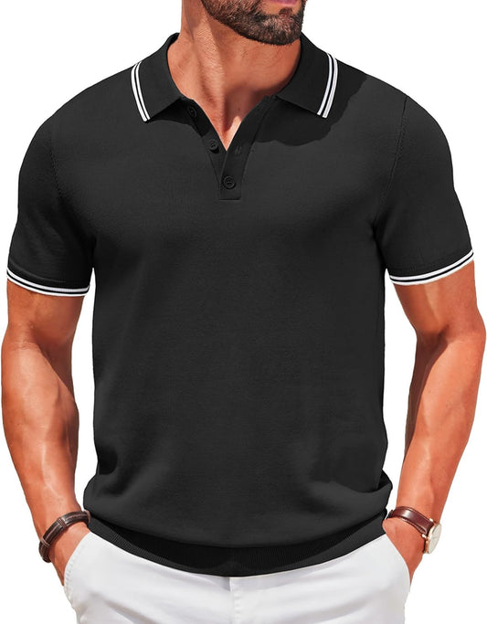 Men's Knit Polo Shirts Short Sleeve Casual Button Golf Polo Shirts Collared T Shirt