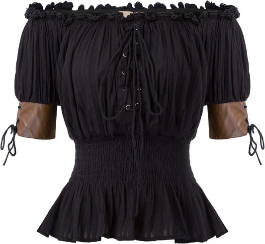 Women Renaissance Off Shoulder Blouse Smocked Waist Pirate Shirt Peplum Tops