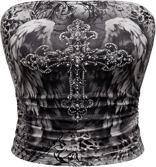 Women's Strapless Rhinestone Cross Print Goth Punk Y2k Ruched Crop Tube Top