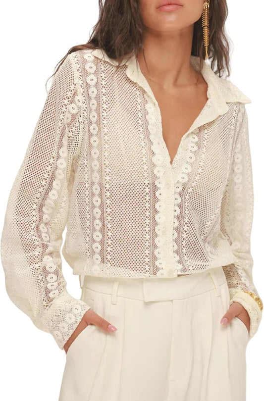 Women Long Sleeve Floral Lace Blouse Button Down Sheer Collared Shirt Embroidered Mesh Going Out Blouse Top