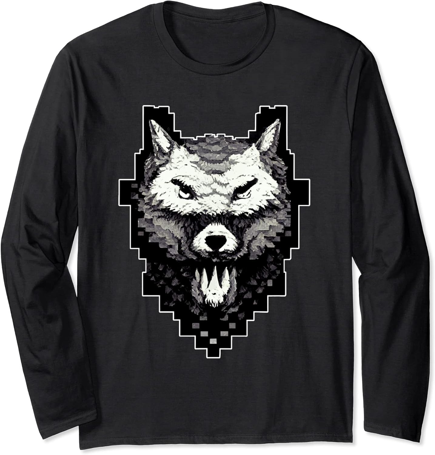 Wolf Head Pixel Art 8 Bit Retro Video Game Long Sleeve T-Shirt