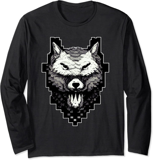 Wolf Head Pixel Art 8 Bit Retro Video Game Long Sleeve T-Shirt