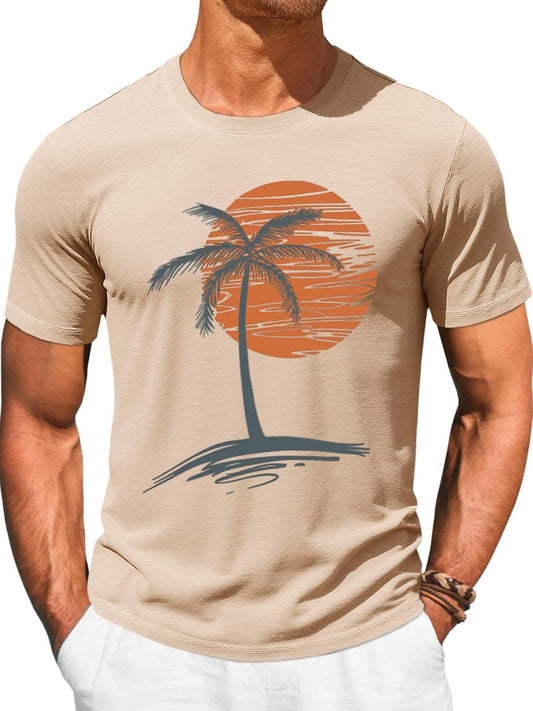 Mens Short Sleeve T-Shirts Crew Neck Casual Shirt Summer Beach Palm Tree Vintage Hawaiian Tees