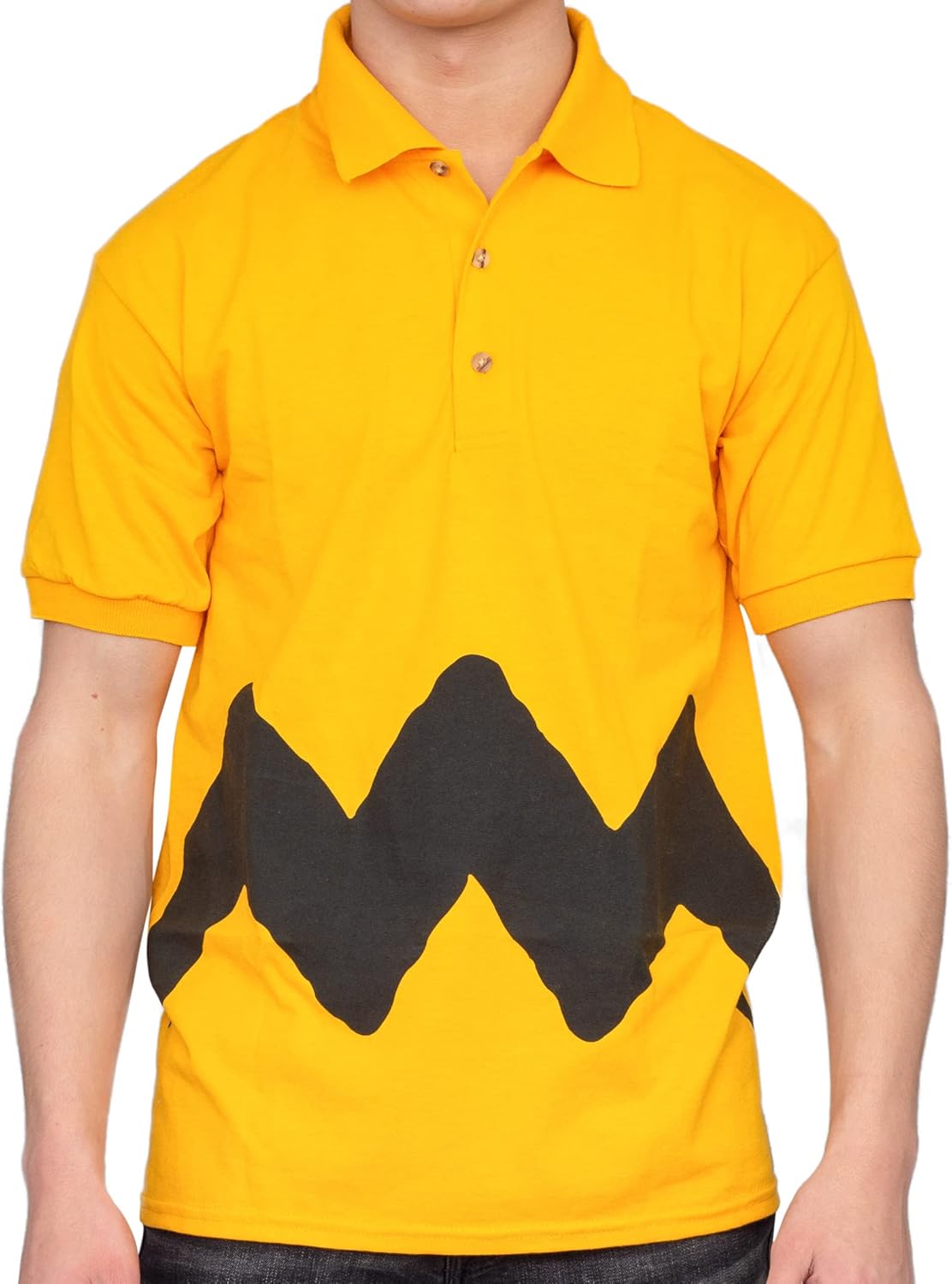 Retro 80s Zig Zag Lines Yellow Polo Shirt Adult Halloween Costume Cosplay Graphic Tee for Men Gold Polo with Collar Button