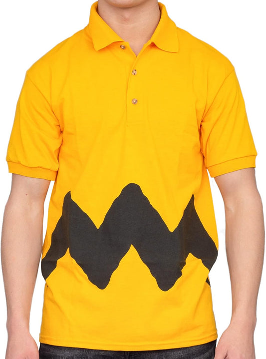 Retro 80s Zig Zag Lines Yellow Polo Shirt Adult Halloween Costume Cosplay Graphic Tee for Men Gold Polo with Collar Button