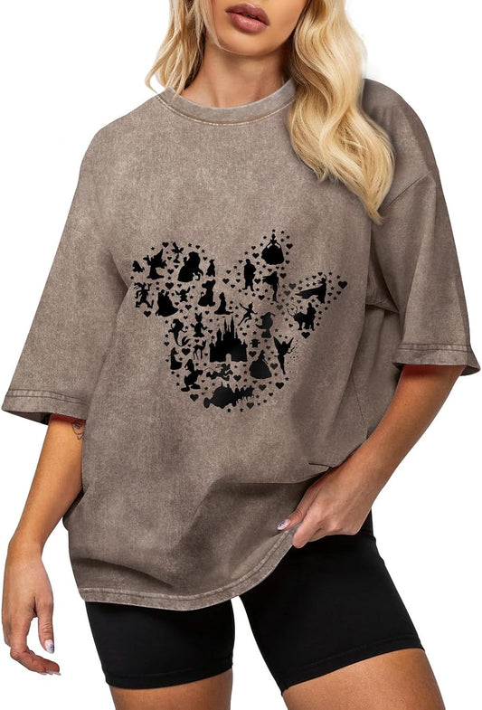 Oversized Acid Wash Vintage T Shirts for Women - Graphic Tees Womens Retro Cotton Cute Cool Loose Tshirts Teens Girls