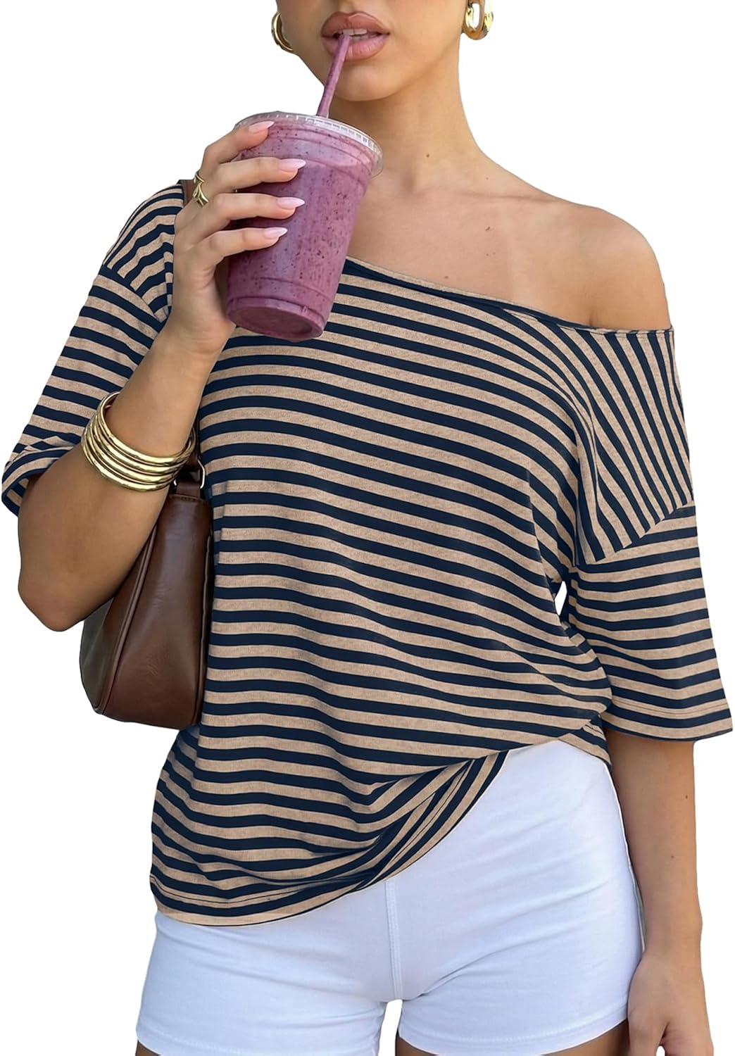 Women Y2k Off Shoulder Striped Oversized Tshirts Casual Loose Fit Short Sleeve Asymmetrical Tee Tops Summer Grunge