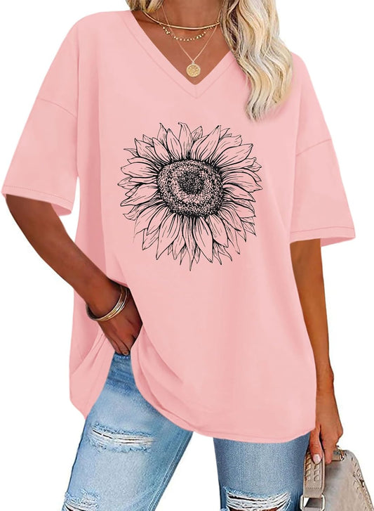 Oversized Tshirts for Women V Neck Summer Graphic Tees Casual Short Sleeve Loose Tops