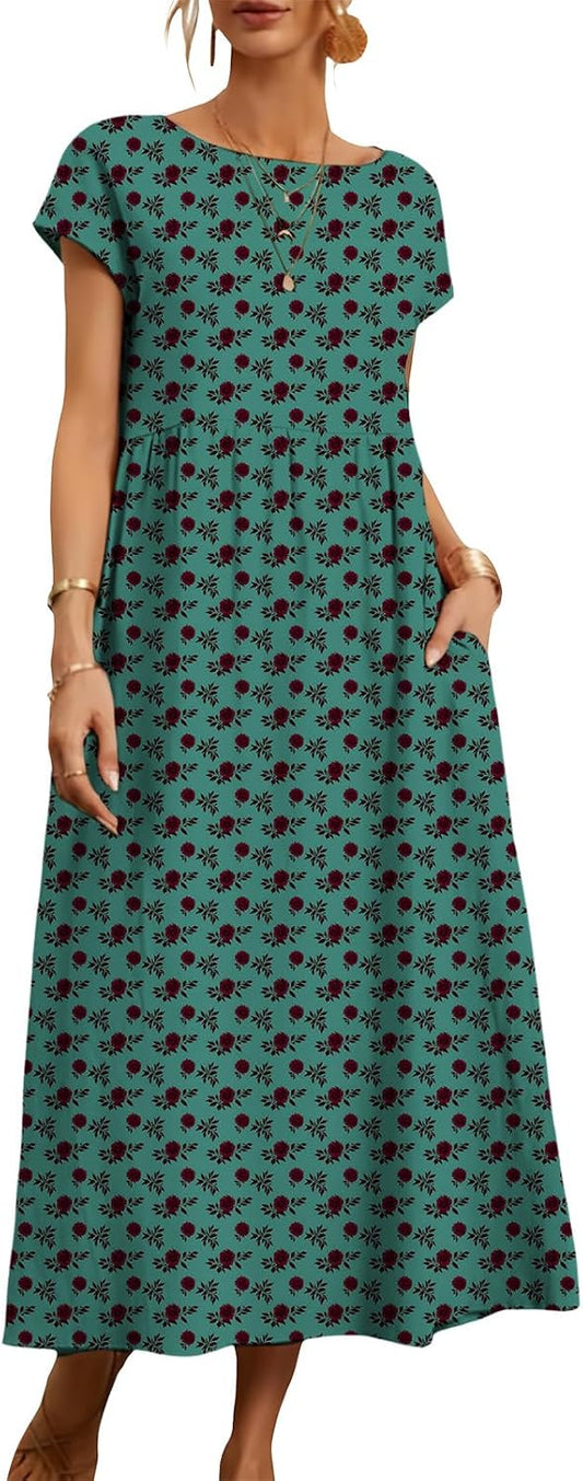 Womens Boho Floral Maxi Dress Short Sleeve Round Neck Summer Vacation Sundress with Pockets Flowy Lightweight Comfy