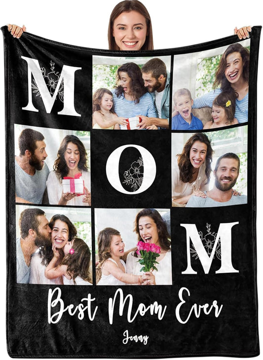 ICELIETE Ships Next Day, Personalized Gifts for Mom, Custom Blankets with Pictures Text Mother Day Best Mom Ever Gifts Customized Fleece Pohto Blanket