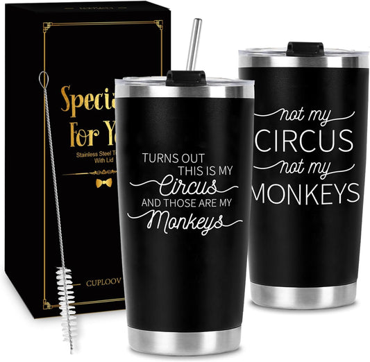 Crap Turns Out This Is My Circus Tumbler, Funny Birthday Christmas Presents for Dad Grandpa Boss, Father's Gifts from Daughter Son Black Stainless Steel Tumbler Travel Mug, 20 Oz