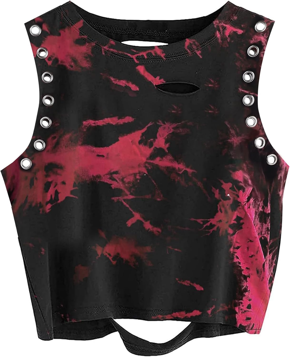 Women's Tie Dye Crop Tank Top Punk Rock Ripped Sleeveless Grommet Top Distressed Shirt Black Small