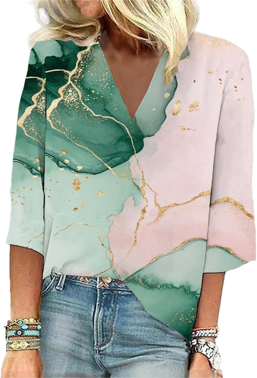 Boho 3/4 Length Sleeve Women Tops Floral Printed V Neck Blouses Dressy Casual Graphic Tees Vacation Summer Shirts
