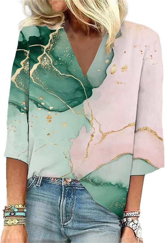Boho 3/4 Length Sleeve Women Tops Floral Printed V Neck Blouses Dressy Casual Graphic Tees Vacation Summer Shirts