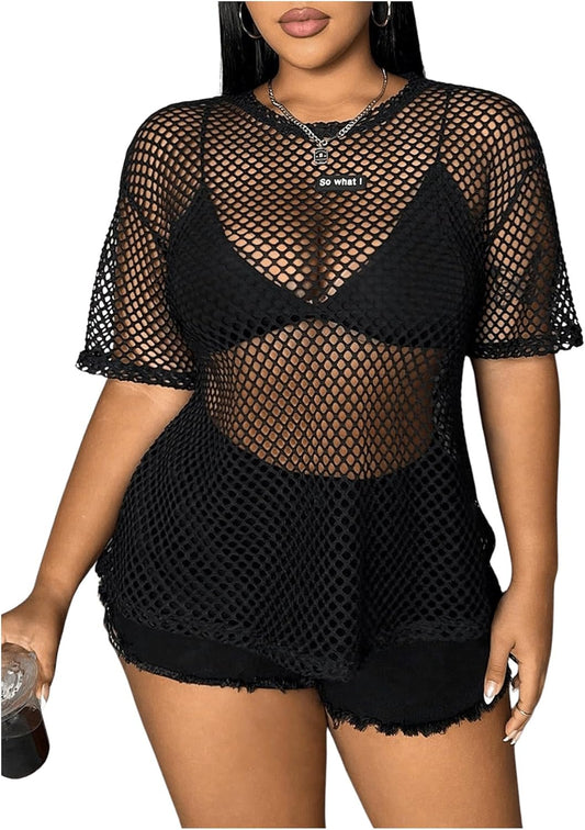 Women's Plus Size Y2k Gothic Tops Sheer Mesh T Shirt Fishnet Rave Outfits Top