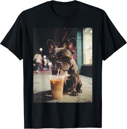 French Bulldog Drinking Iced Coffee Funny Animal T-Shirt