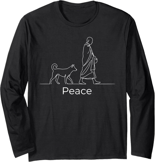 Peace Minimalist Zen Art Walk for Peace Monks with Aloka Dog Long Sleeve T-Shirt