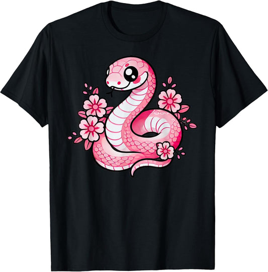 Kawaii Pink Snake and Flowers Year of Snake Girls T-Shirt