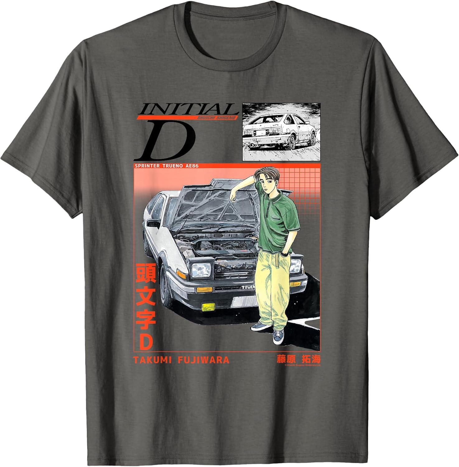 Initial D Takumi Open Hood Car Portrait Manga Anime T-Shirt