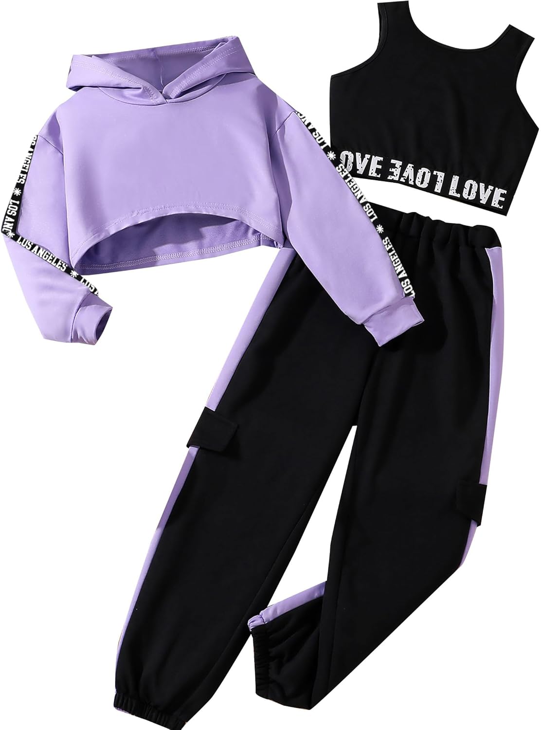 Girls Graphic 3 Piece Outfits Workout Hoodie Crop Tank and Sweatpants Set