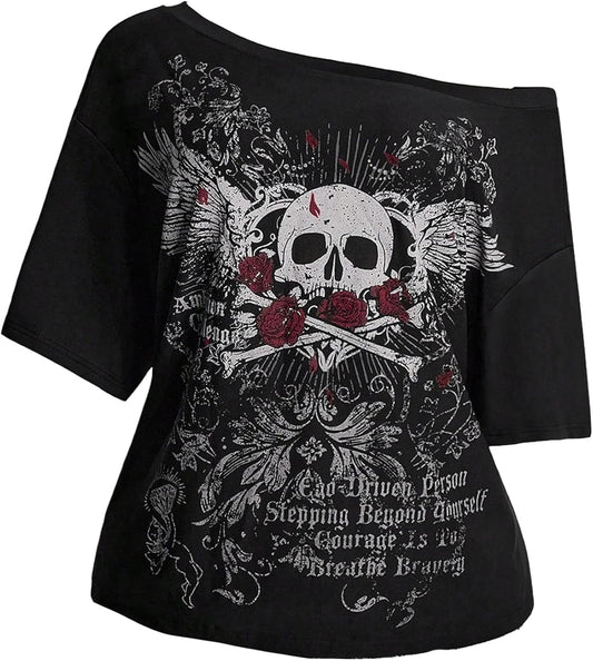 Women's Plus Size Off The Shoulder Tops Y2k Gothic Graphic Tee Retro Oversized T Shirts